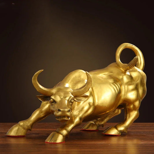 Golden Charging Bull Statue — Brass Wall Street Bull Figurine (Home & Office Decor)